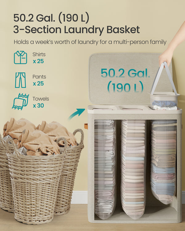 Leni vasketøjskurv | 3 rum, 190 L - Beige