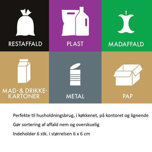 Affaldssorteringspakke – 6 stk. – Klistermærker til affaldssortering pakke