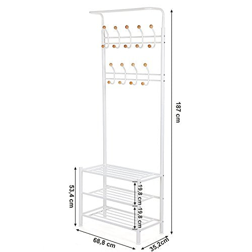 Height 187 cm metal Hall Tree Entryway Organizer Multifunctional Clothes Coat Stand Shoes Rack Hat Umbrella Bag Stand Cream HSR04W Tøjstativ Vasagle