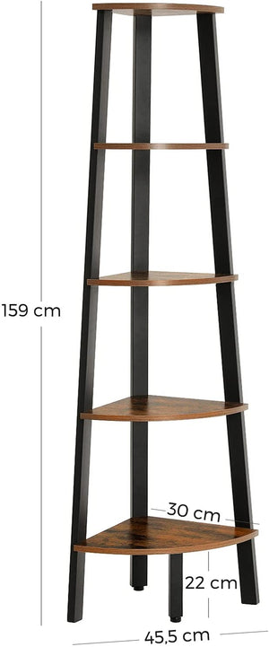 Corner Shelf, 5-Tier Industrial Ladder Bookcase, Storage Rack, with metal Frame, for Living Room, Home, Office, Rustic Brown LLS35X RAW58.dk 