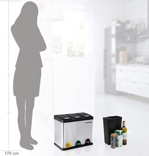 Pedal Bin 24 Litre Recycling Waste Separation System Dustbin Durable Easy Clean Stainless Steel Silver LTB24L RAW58.dk