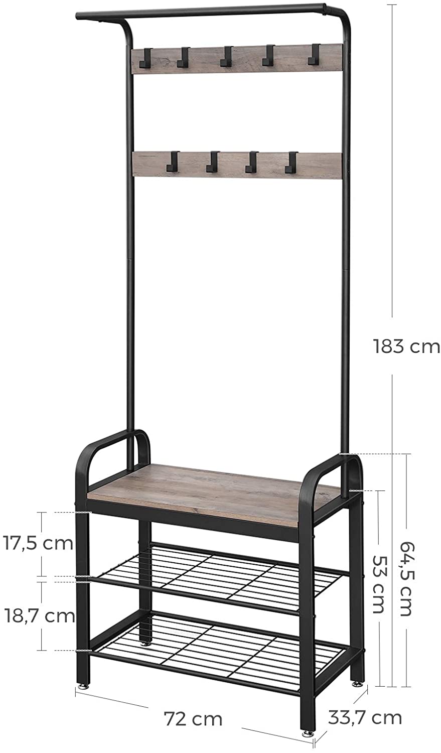 Coat Rack Stand, Hall Tree Free Standing, Coat Stand with Bench, Shoes Rack with Removable Hooks, Height 183 cm, metal, Industrial, Greige and Black HSR40MB RAW58.dk 