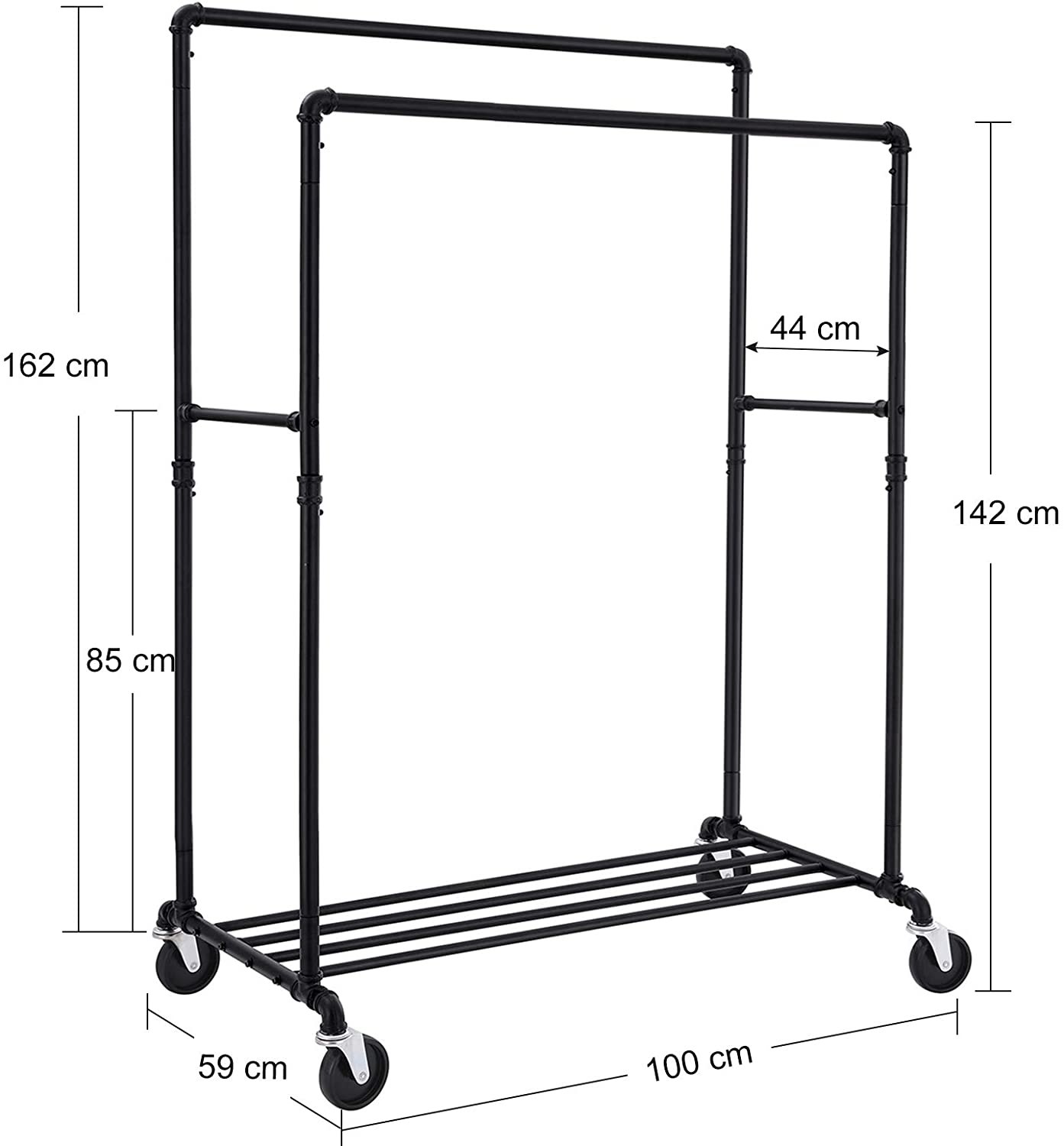 Tøjstativ, med hjul, maksimal belastning på 110 kg, kraftigt metal med hylde, kommerciel kvalitet, sort Tøjstativ Vasagle 