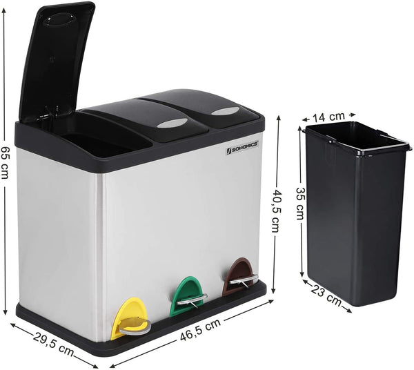 Pedal Bin 24 Litre Recycling Waste Separation System Dustbin Durable Easy Clean Stainless Steel Silver LTB24L RAW58.dk