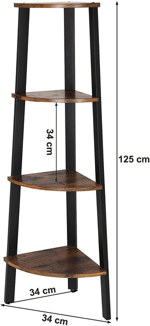 Corner Shelf, 4-Tier Industrial Storage Rack, Ladder Bookcase, Organizer Unit for Home, Living Room, Bedroom, Balcony, Rustic Brown LLS34X RAW58.dk 