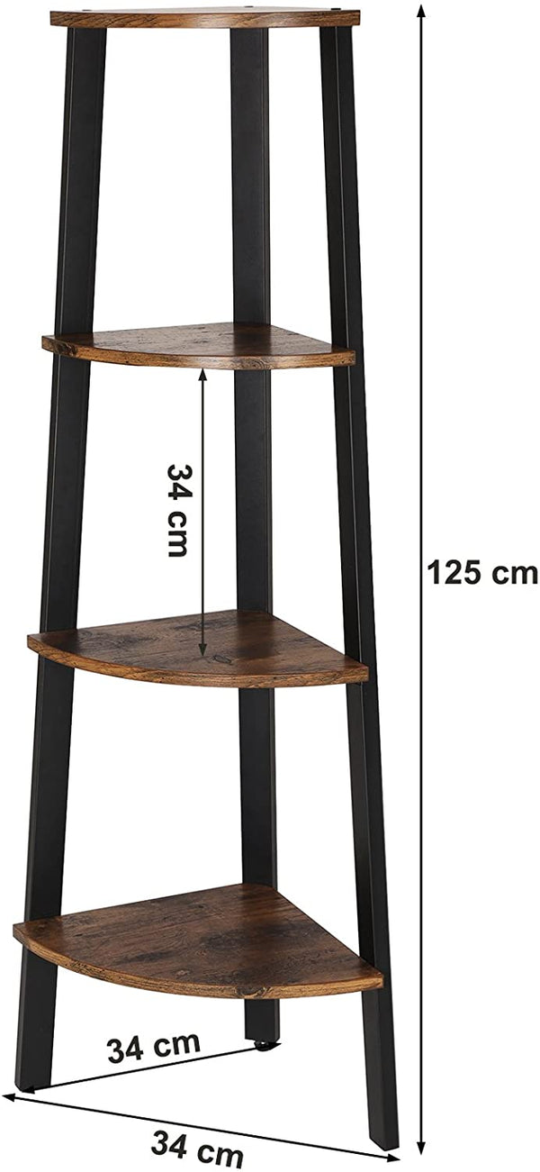 Corner Shelf, 4-Tier Industrial Storage Rack, Ladder Bookcase, Organizer Unit for Home, Living Room, Bedroom, Balcony, Rustic Brown LLS34X RAW58.dk 