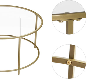 Round Coffee Table, Glass Table with Golden Iron Frame, Living Room Table, Sofa Table, Robust Tempered Glass, Stable, Decorative, Gold LGT21G RAW58.dk 