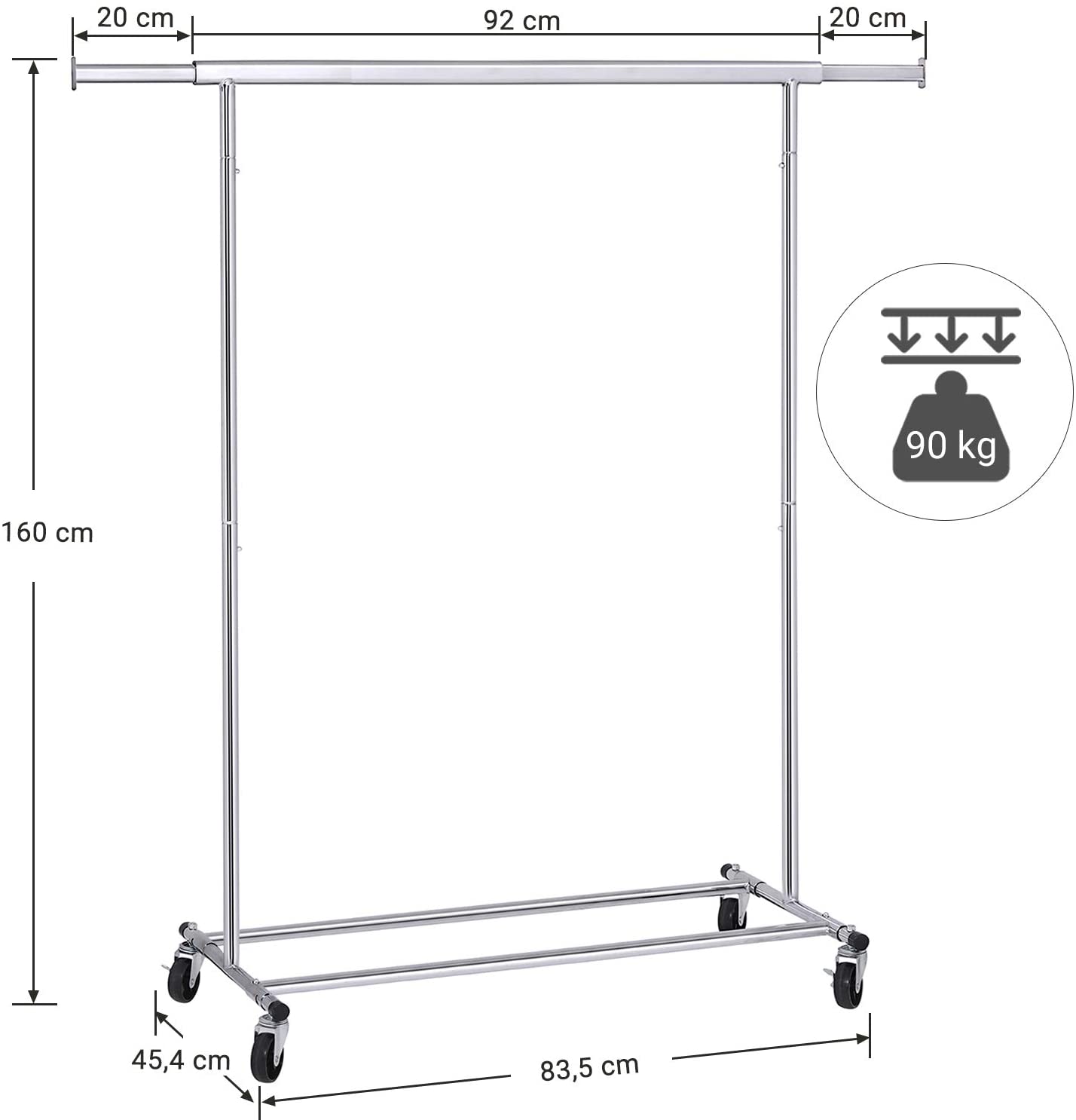 Tøjstativ, 90 kg belastning, med hjul, udtrækkeligt og sammenklappeligt industrielt tøjstativ, Krom Tøjstativ Vasagle 