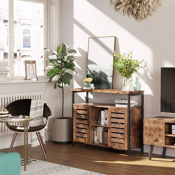 Floor Standing Cabinet, Kitchen Storage Cabinet with Cupboard and Shelves, Louvred Doors, for Dining Room, Living Room, Hallway, Bedroom, Rustic Brown LSC79BX RAW58.dk 