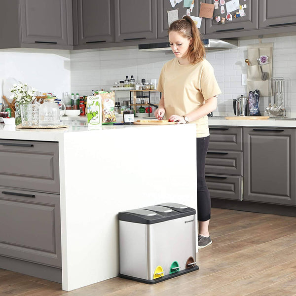 Pedal Bin 24 Litre Recycling Waste Separation System Dustbin Durable Easy Clean Stainless Steel Silver LTB24L RAW58.dk