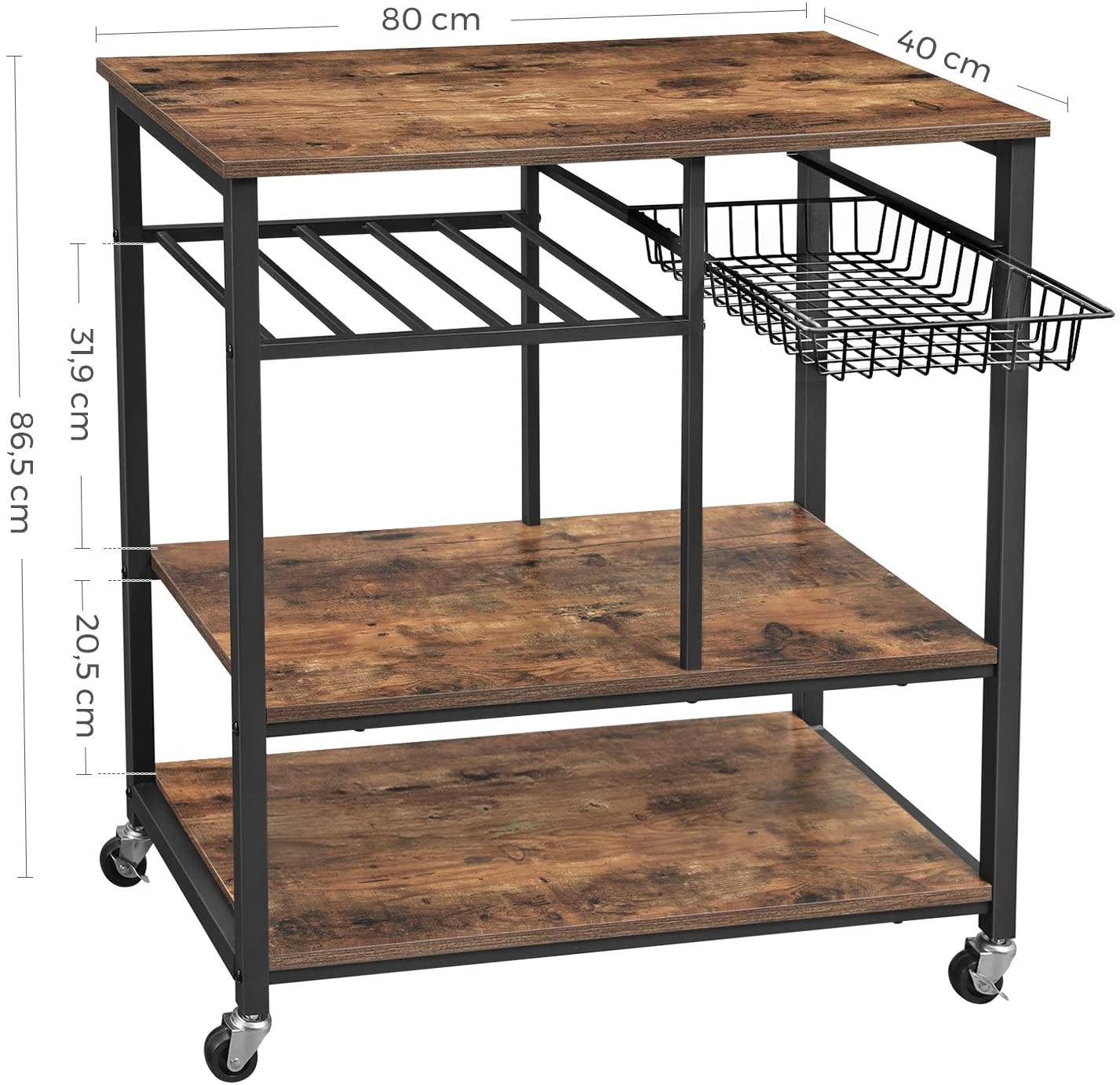 Baker? Rack with Wheels, Kitchen Island, Food Trolley with metal Mesh Basket, Bottle Holder and Storage Shelves, 80 x 40 x 86.5 cm, Industrial Style, Rustic Brown KKS80X RAW58.dk 