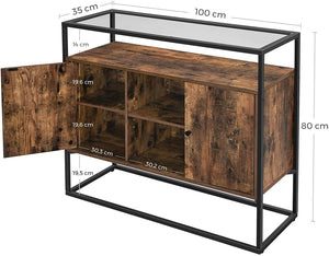 Sideboard, Side Cabinet, Storage Cabinet with Glass Surface and Open Compartments, Living Room, Hallway, Stable Steel Frame, Tempered Glass, Industrial, Rustic Brown and Black LSC014B01 RAW58.dk 