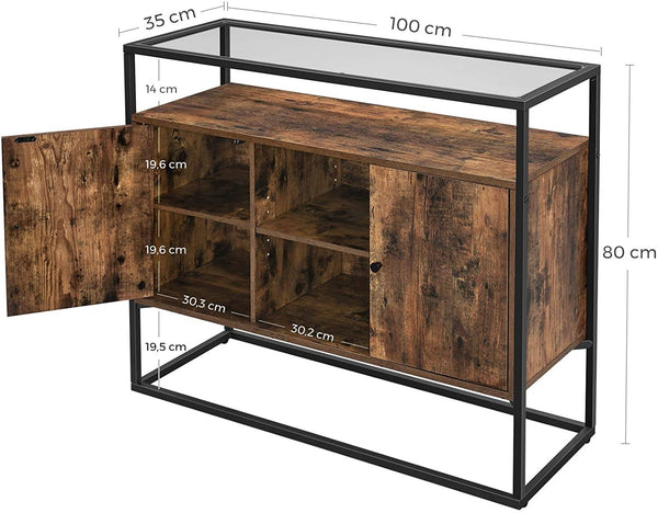 Sideboard, Side Cabinet, Storage Cabinet with Glass Surface and Open Compartments, Living Room, Hallway, Stable Steel Frame, Tempered Glass, Industrial, Rustic Brown and Black LSC014B01 RAW58.dk 