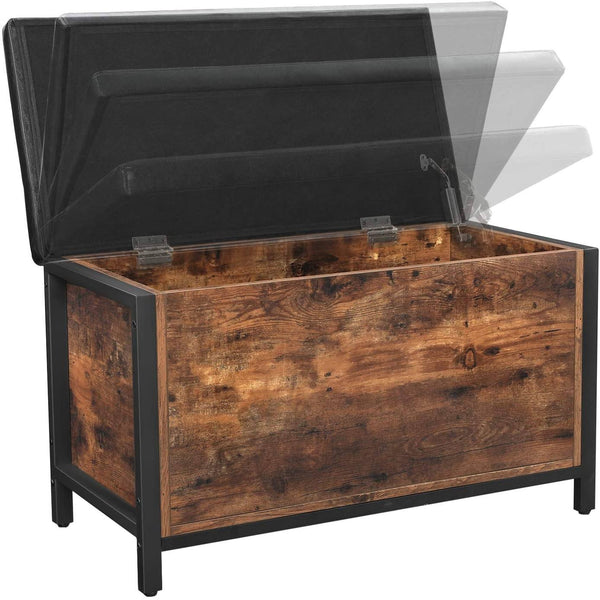 Bench With Storage Chest, Padded Seat, Bed End Stool, Hallway, Bedroom, Living Room, metal, Easy Assembly, Industrial Design, Black Synthetic Leather, Rustic Brown LSC80BX RAW58.dk 