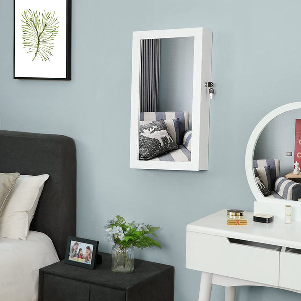 White Wall Mount Mirrored Lockable Jewellery Cabinet JBC51W RAW58.dk