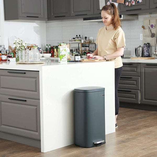 Kitchen Rubbish Bin, Pedal Trash Can 30L, with Plastic Inner Bucket, Hinged Lid, Soft Closure, Odour Proof and Hygienic, Smoky Grey LTB03GS RAW58.dk 