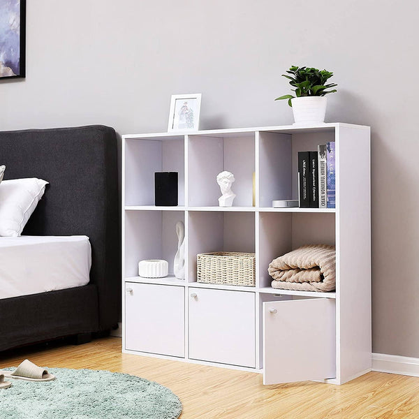 Wooden Storage Bookcase, Home or Office Display Shelf, Freestanding Cube Unit DVD Rack Bookshelf with 3 Bottom Cabinets, White, LBC33WT RAW58.dk 