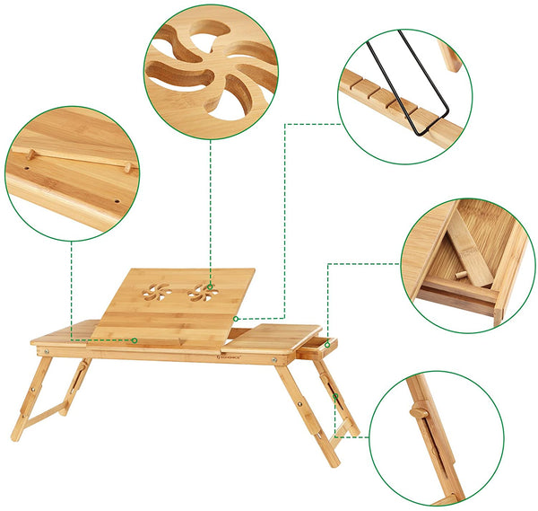 Folding Laptop Table Adjustable Height Lapdesk Desk PC Desktop Notebook Stand Bamboo Sofa Bed Tray 72 x 35 x 29cm with Drawer for left- and right-hander LLD004 RAW58.dk