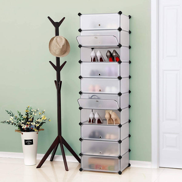 Shoe Rack Organizer 10 Tiers Plastic Closet Storage Shelf 48 x 36 x 173 cm (W x D x H) White Semitransparent LPC10W RAW58.dk