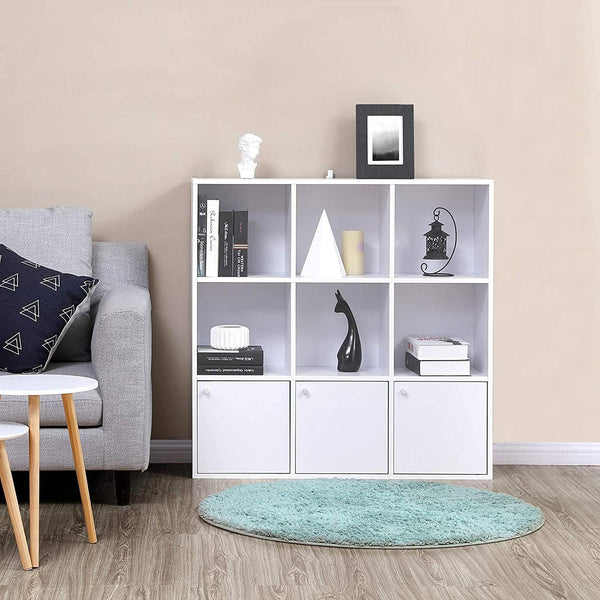 Wooden Storage Bookcase, Home or Office Display Shelf, Freestanding Cube Unit DVD Rack Bookshelf with 3 Bottom Cabinets, White, LBC33WT RAW58.dk 