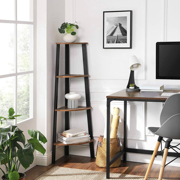 Corner Shelf, 4-Tier Industrial Storage Rack, Ladder Bookcase, Organizer Unit for Home, Living Room, Bedroom, Balcony, Rustic Brown LLS34X RAW58.dk 