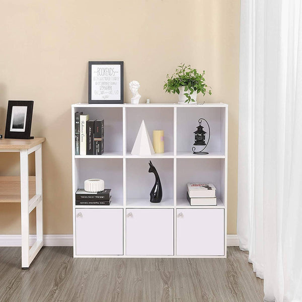Wooden Storage Bookcase, Home or Office Display Shelf, Freestanding Cube Unit DVD Rack Bookshelf with 3 Bottom Cabinets, White, LBC33WT RAW58.dk 