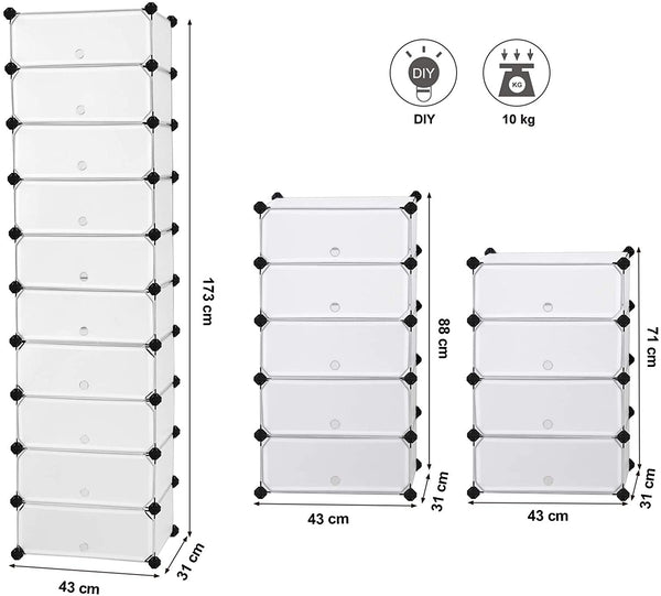 Shoe Rack Organizer 10 Tiers Plastic Closet Storage Shelf 48 x 36 x 173 cm (W x D x H) White Semitransparent LPC10W RAW58.dk