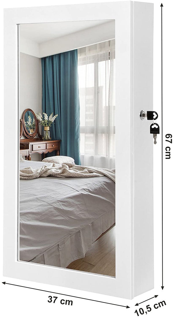 White Wall Mount Mirrored Lockable Jewellery Cabinet JBC51W RAW58.dk