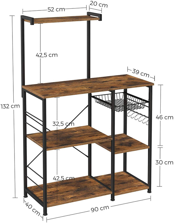 Baker? Rack with Shelves, Microwave Stand with Wire Basket, 6 S-Hooks, Kitchen Shelf, Utility Storage for Spices, Pots, and Pans, Rustic Brown KKS35X RAW58.dk 
