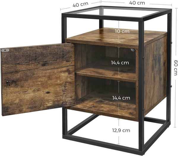 Nightstand, Bedside Cabinet, Glass Side Table with Cupboard, End Table, for Bedroom, Living Room, Hall, Stable Tempered Glass, Easy Assembly, Industrial Design, Rustic Brown LNT05BX RAW58.dk 