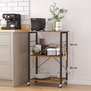 Kitchen Shelf on Wheels, Serving Trolley with 3 Shelves, Microwave Shelf, for Mini Oven, Toaster, Metal Frame with 6 Hooks, Industrial Design, Rustic Brown KKS60XV1 RAW58.dk 