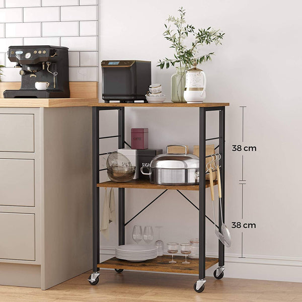 Kitchen Shelf on Wheels, Serving Trolley with 3 Shelves, Microwave Shelf, for Mini Oven, Toaster, Metal Frame with 6 Hooks, Industrial Design, Rustic Brown KKS60XV1 RAW58.dk 