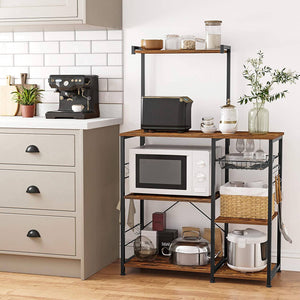 Baker? Rack with Shelves, Microwave Stand with Wire Basket, 6 S-Hooks, Kitchen Shelf, Utility Storage for Spices, Pots, and Pans, Rustic Brown KKS35X RAW58.dk 