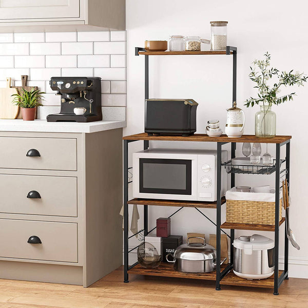 Baker? Rack with Shelves, Microwave Stand with Wire Basket, 6 S-Hooks, Kitchen Shelf, Utility Storage for Spices, Pots, and Pans, Rustic Brown KKS35X RAW58.dk 