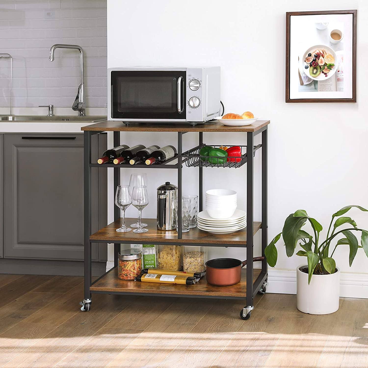 Baker? Rack with Wheels, Kitchen Island, Food Trolley with metal Mesh Basket, Bottle Holder and Storage Shelves, 80 x 40 x 86.5 cm, Industrial Style, Rustic Brown KKS80X RAW58.dk 