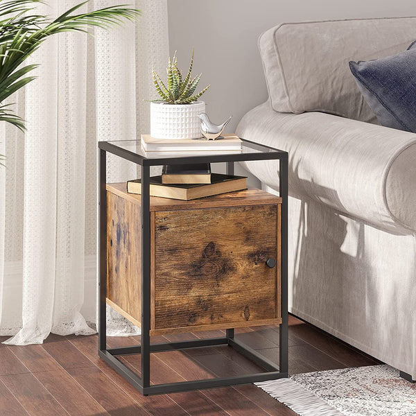 Nightstand, Bedside Cabinet, Glass Side Table with Cupboard, End Table, for Bedroom, Living Room, Hall, Stable Tempered Glass, Easy Assembly, Industrial Design, Rustic Brown LNT05BX RAW58.dk 