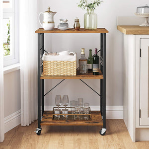 Kitchen Shelf on Wheels, Serving Trolley with 3 Shelves, Microwave Shelf, for Mini Oven, Toaster, Metal Frame with 6 Hooks, Industrial Design, Rustic Brown KKS60XV1 RAW58.dk 