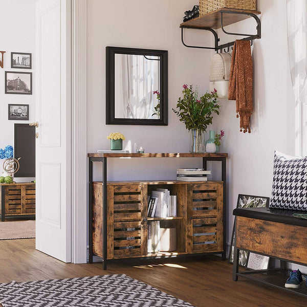 Floor Standing Cabinet, Kitchen Storage Cabinet with Cupboard and Shelves, Louvred Doors, for Dining Room, Living Room, Hallway, Bedroom, Rustic Brown LSC79BX RAW58.dk 