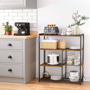 Baker? Rack, Kitchen Island with 2 metal Mesh Baskets, Shelves and Hooks, 80 x 35 x 95 cm, Industrial Style, Rustic Brown KKS96X RAW58.dk 