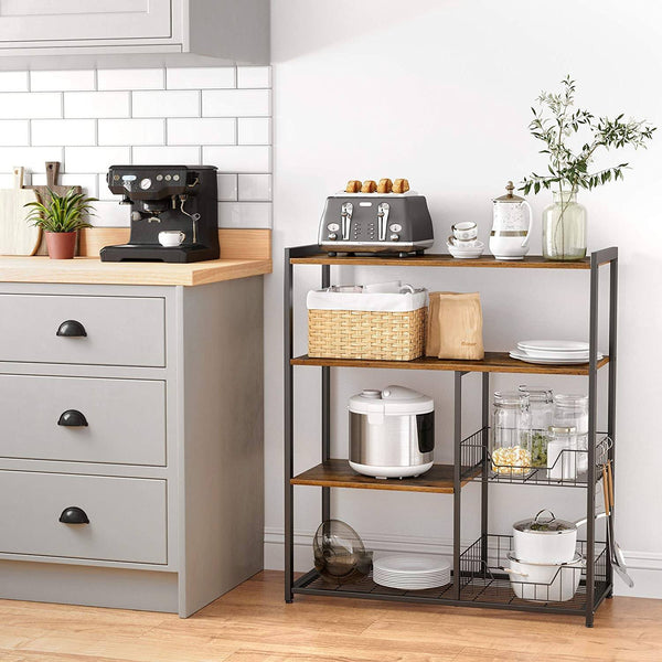 Baker? Rack, Kitchen Island with 2 metal Mesh Baskets, Shelves and Hooks, 80 x 35 x 95 cm, Industrial Style, Rustic Brown KKS96X RAW58.dk 