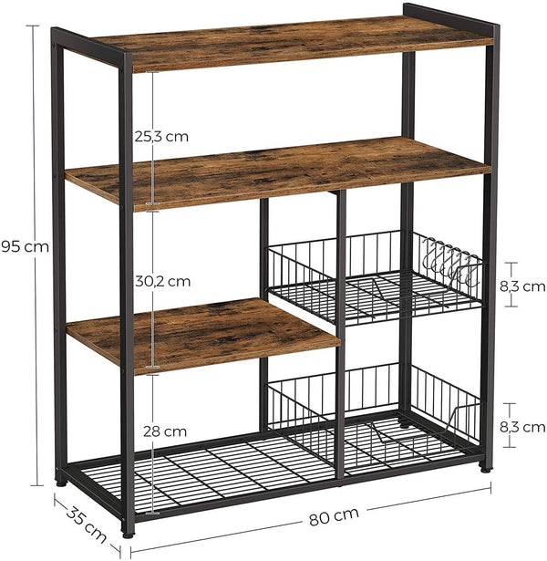 Baker? Rack, Kitchen Island with 2 metal Mesh Baskets, Shelves and Hooks, 80 x 35 x 95 cm, Industrial Style, Rustic Brown KKS96X RAW58.dk 