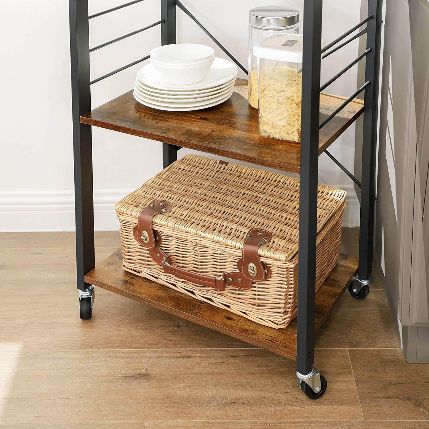 Kitchen Shelf on Wheels, Serving Trolley with 3 Shelves, Microwave Shelf, for Mini Oven, Toaster, Metal Frame with 6 Hooks, Industrial Design, Rustic Brown KKS60XV1 RAW58.dk 