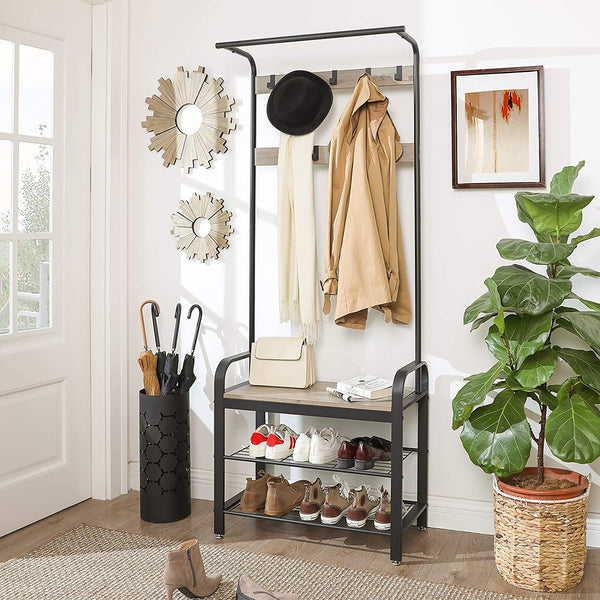 Coat Rack Stand, Hall Tree Free Standing, Coat Stand with Bench, Shoes Rack with Removable Hooks, Height 183 cm, metal, Industrial, Greige and Black HSR40MB RAW58.dk 
