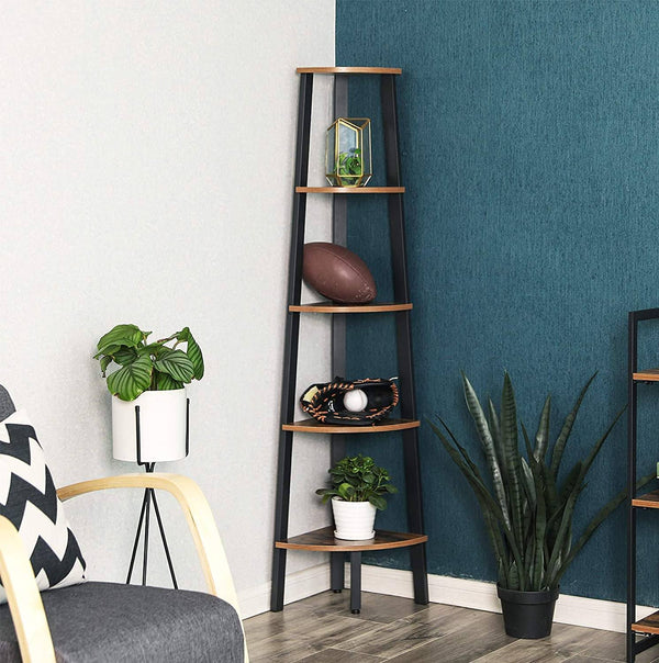 Corner Shelf, 5-Tier Industrial Ladder Bookcase, Storage Rack, with metal Frame, for Living Room, Home, Office, Rustic Brown LLS35X RAW58.dk 