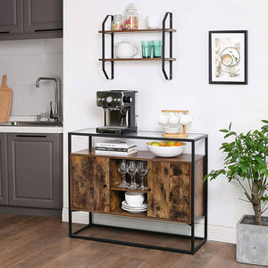 Sideboard, Side Cabinet, Storage Cabinet with Glass Surface and Open Compartments, Living Room, Hallway, Stable Steel Frame, Tempered Glass, Industrial, Rustic Brown and Black LSC014B01 RAW58.dk 