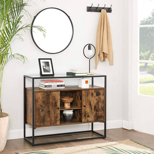 Sideboard, Side Cabinet, Storage Cabinet with Glass Surface and Open Compartments, Living Room, Hallway, Stable Steel Frame, Tempered Glass, Industrial, Rustic Brown and Black LSC014B01 RAW58.dk 