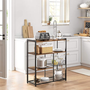 Baker? Rack, Kitchen Island with 2 metal Mesh Baskets, Shelves and Hooks, 80 x 35 x 95 cm, Industrial Style, Rustic Brown KKS96X RAW58.dk 