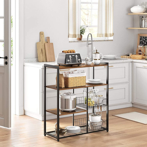 Baker? Rack, Kitchen Island with 2 metal Mesh Baskets, Shelves and Hooks, 80 x 35 x 95 cm, Industrial Style, Rustic Brown KKS96X RAW58.dk 