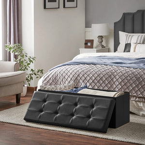 120L Folding Ottoman Bench Storage Box Storage Cube Flipping Lid Shoe Bench Footstool Load Capacity of 300 Kg Black 110 x 38 x 38 cm(W x D x H) LSF75BK RAW58.dk