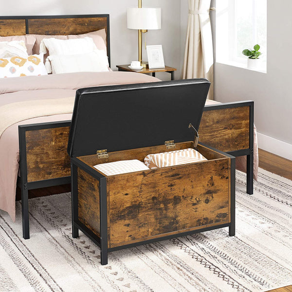 Bench With Storage Chest, Padded Seat, Bed End Stool, Hallway, Bedroom, Living Room, metal, Easy Assembly, Industrial Design, Black Synthetic Leather, Rustic Brown LSC80BX RAW58.dk 
